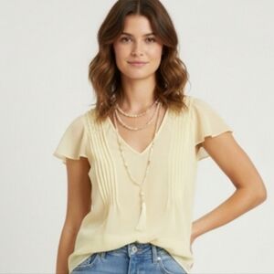 SOFT SURROUNDINGS Romantic Pintuck Flutter Sleeve Tassel Top Pale Yellow Chiffon